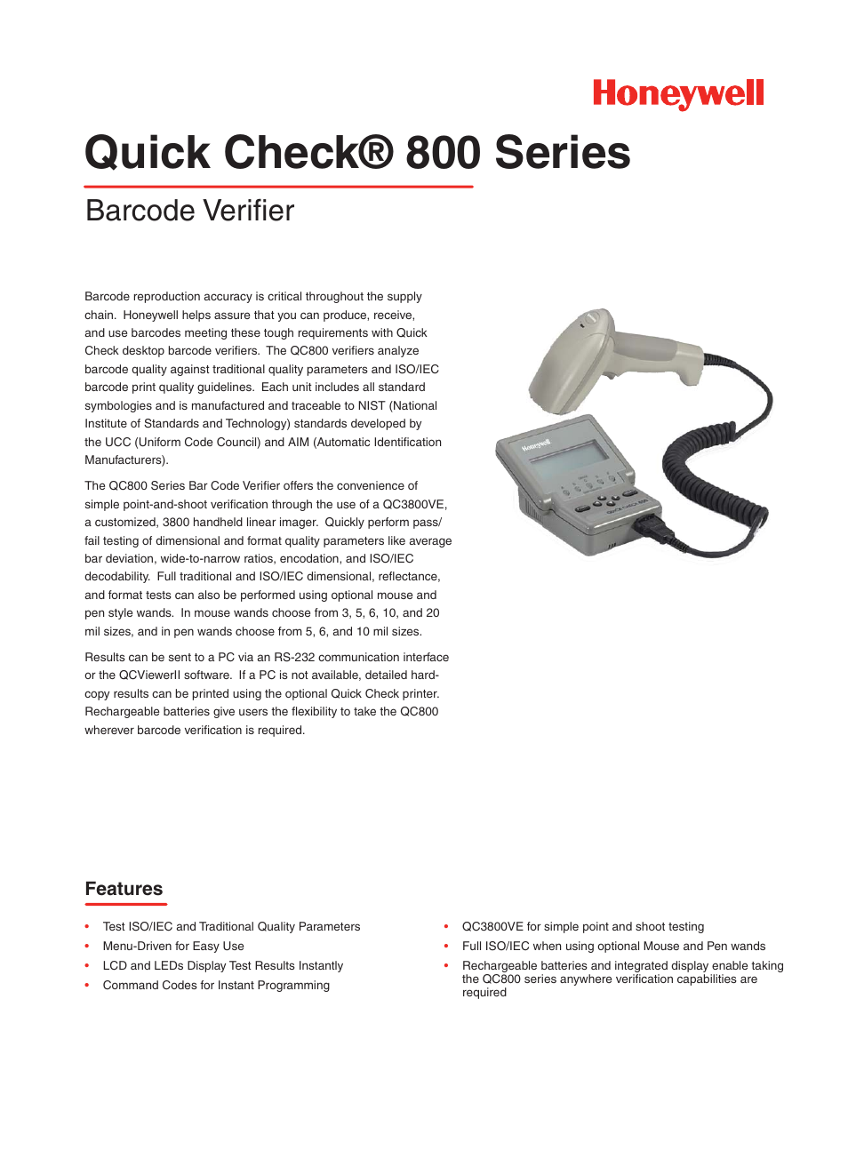 Honeywell 800 Series User Manual | 2 pages