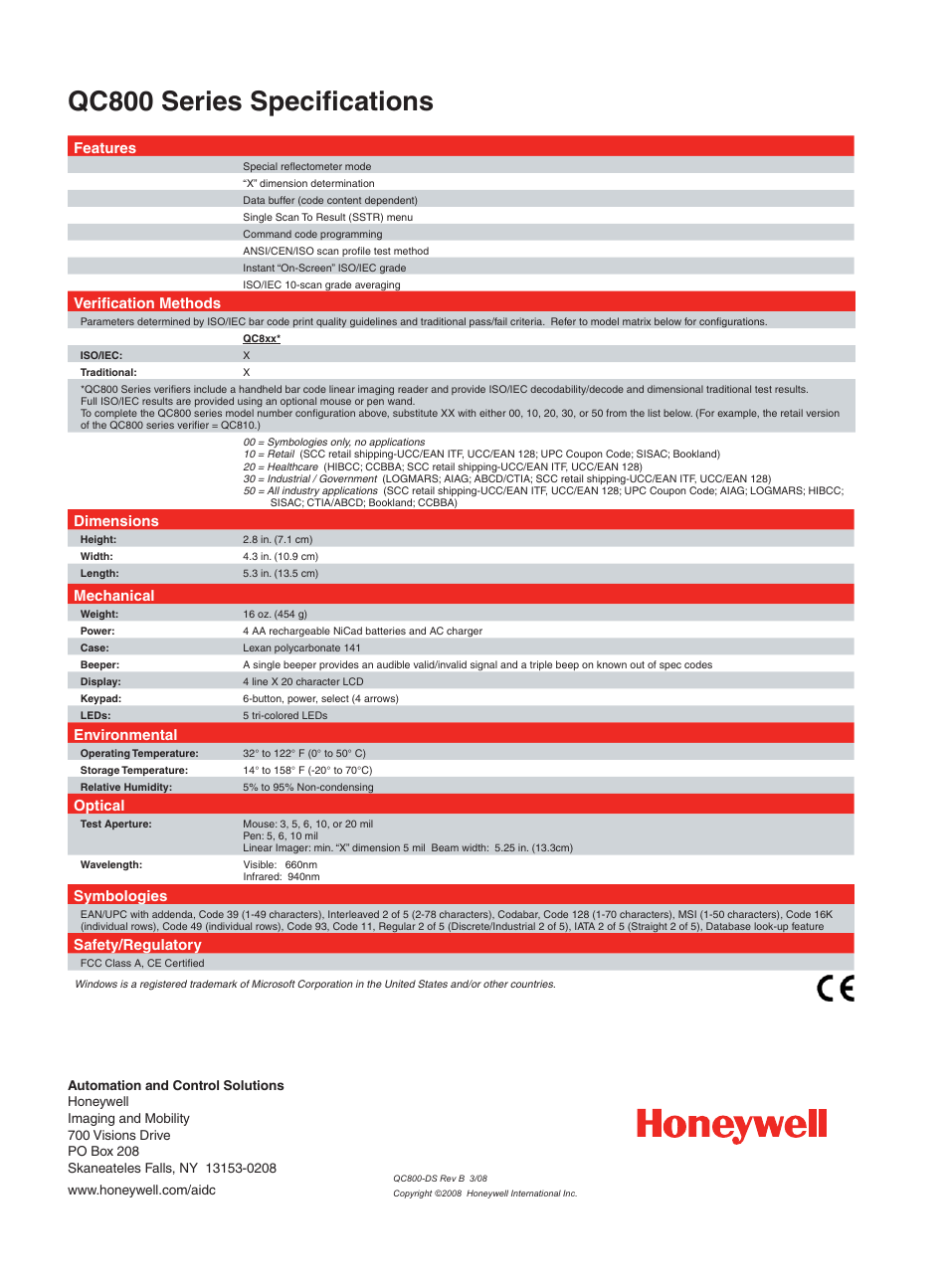 Qc800 series specifi cations, Features, Verifi cation methods | Dimensions, Mechanical, Environmental, Optical, Symbologies, Safety/regulatory | Honeywell 800 Series User Manual | Page 2 / 2