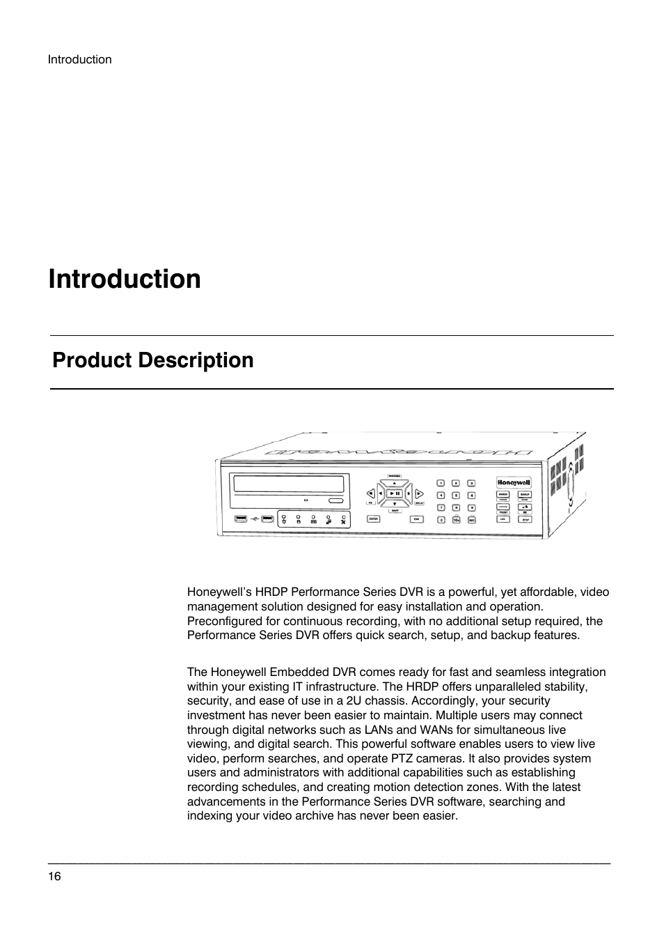 Introduction, Product description | Honeywell HRDP DVR User Manual | Page 16 / 100