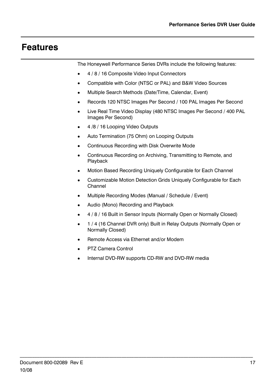 Features | Honeywell HRDP DVR User Manual | Page 17 / 100