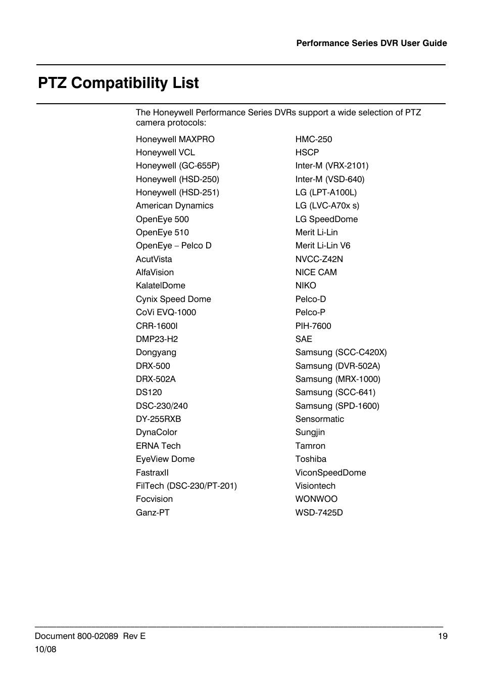 Ptz compatibility list | Honeywell HRDP DVR User Manual | Page 19 / 100