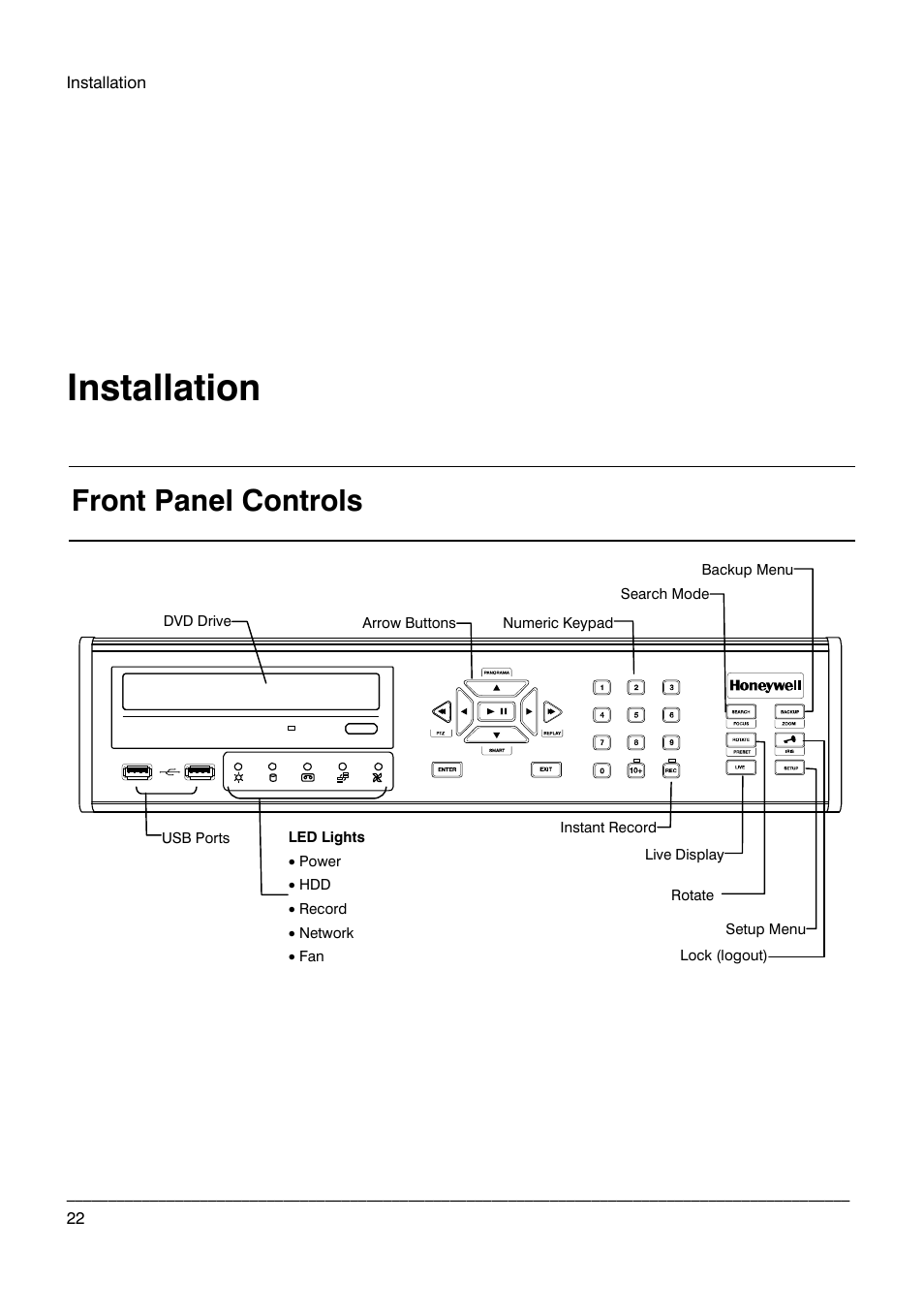 Installation, Front panel controls | Honeywell HRDP DVR User Manual | Page 22 / 100