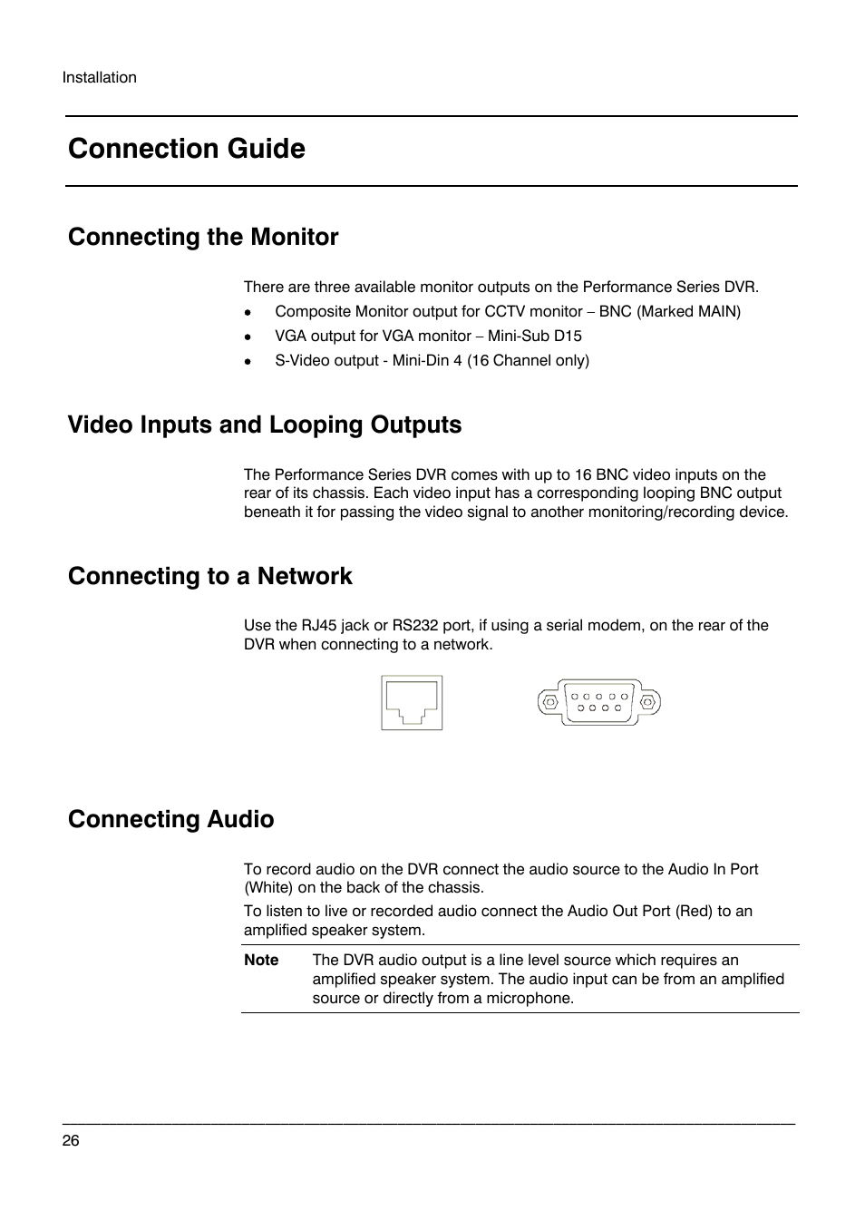 Connection guide, Connecting the monitor, Video inputs and looping outputs | Connecting to a network, Connecting audio | Honeywell HRDP DVR User Manual | Page 26 / 100
