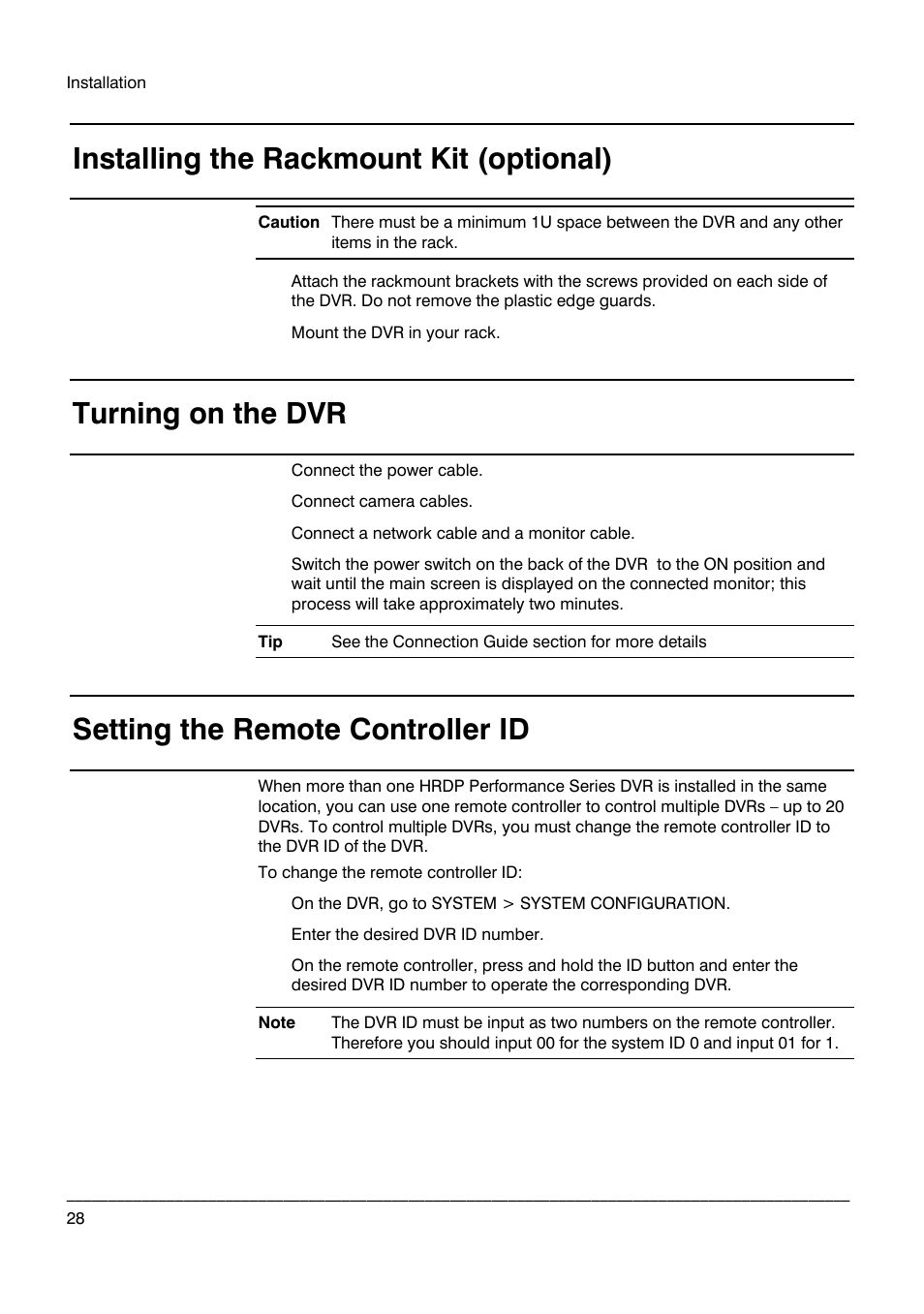 Installing the rackmount kit (optional), Turning on the dvr, Setting the remote controller id | Honeywell HRDP DVR User Manual | Page 28 / 100