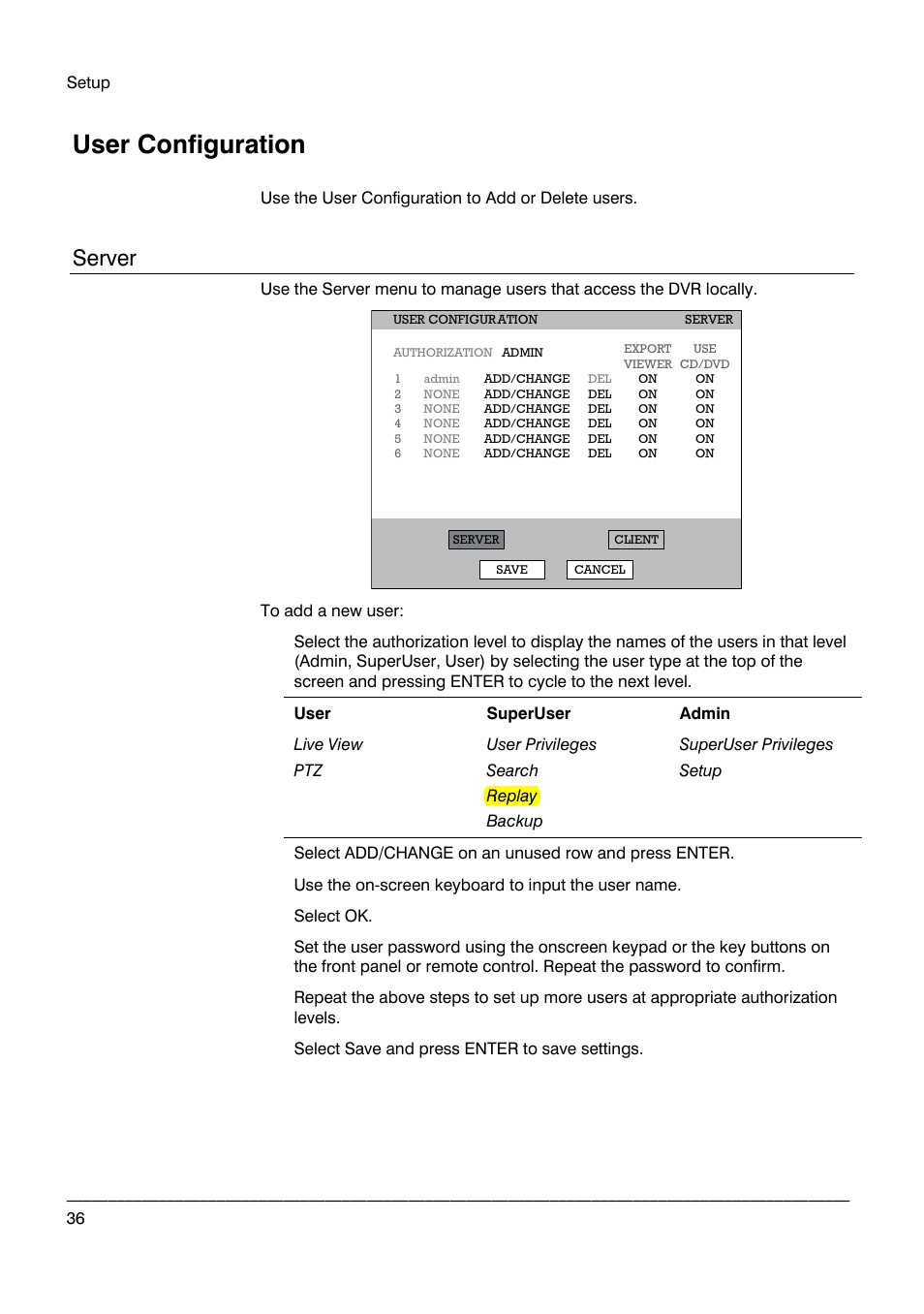 User configuration, Server | Honeywell HRDP DVR User Manual | Page 36 / 100