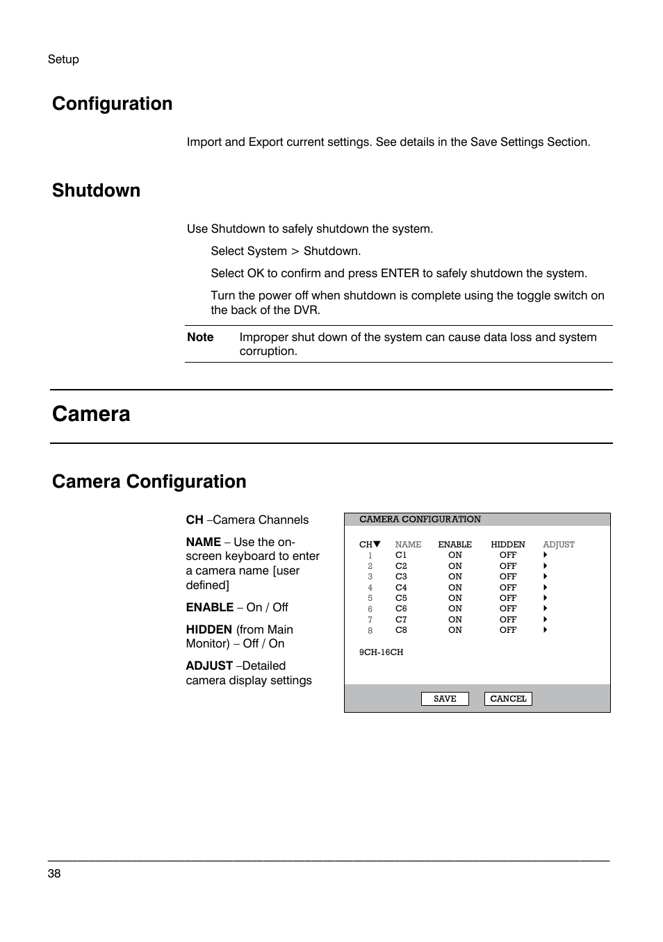 Camera, Configuration, Shutdown | Camera configuration | Honeywell HRDP DVR User Manual | Page 38 / 100