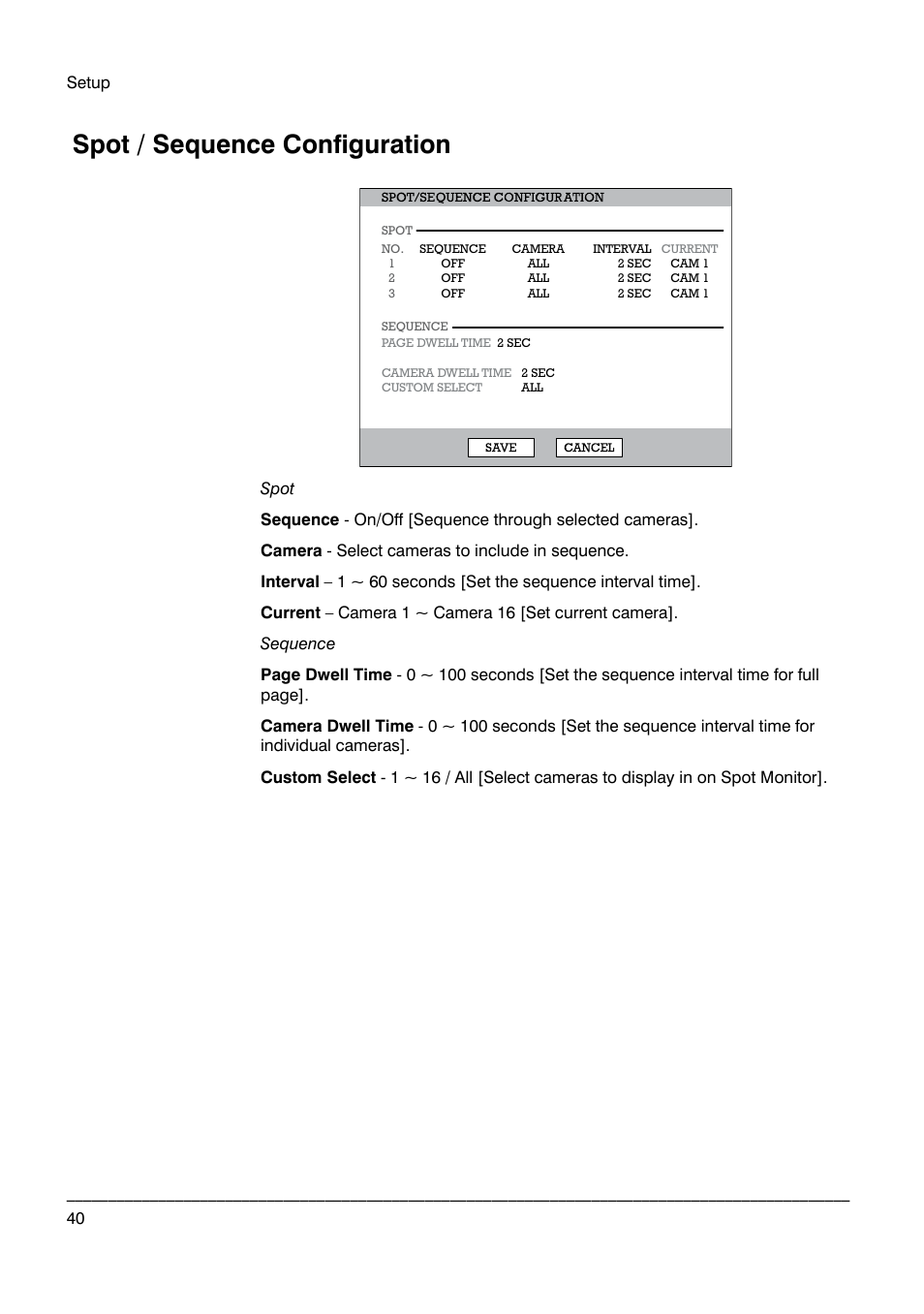 Spot / sequence configuration | Honeywell HRDP DVR User Manual | Page 40 / 100