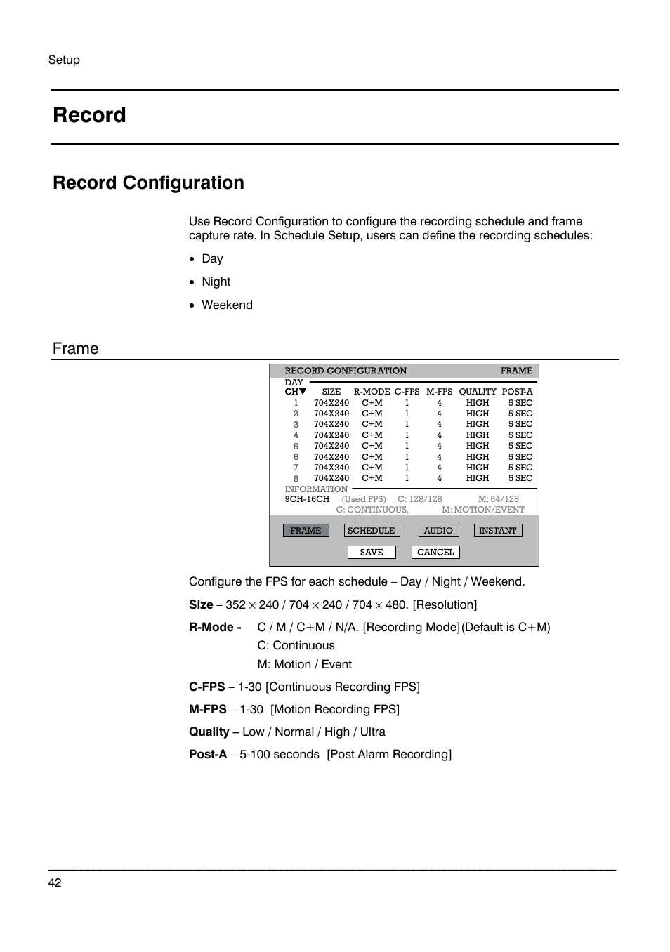 Record, Record configuration, Frame | Honeywell HRDP DVR User Manual | Page 42 / 100