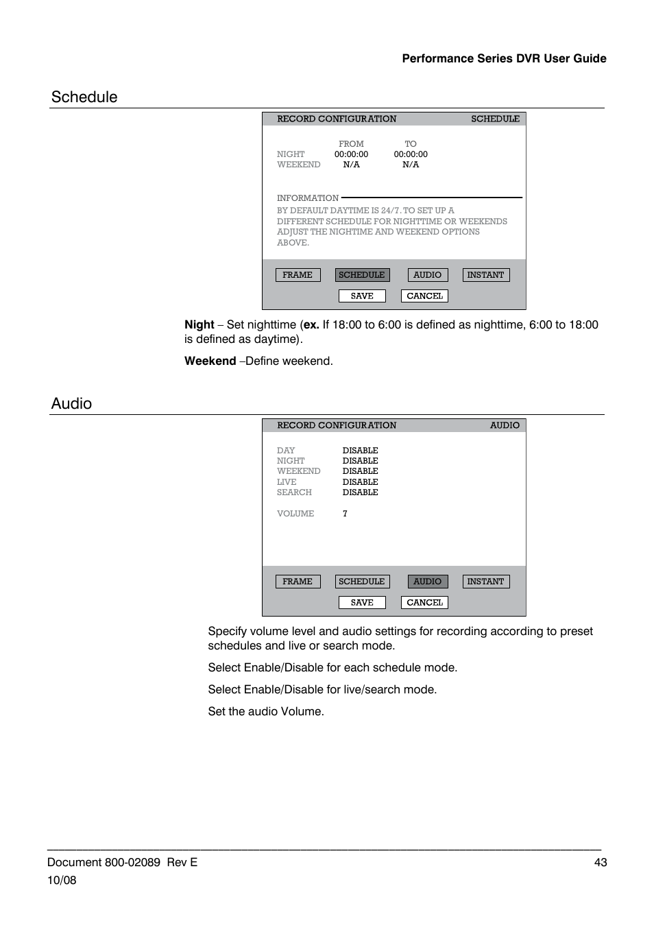 Schedule, Audio | Honeywell HRDP DVR User Manual | Page 43 / 100
