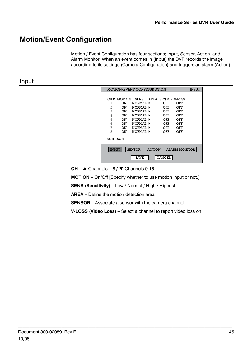 Motion/event configuration, Input | Honeywell HRDP DVR User Manual | Page 45 / 100