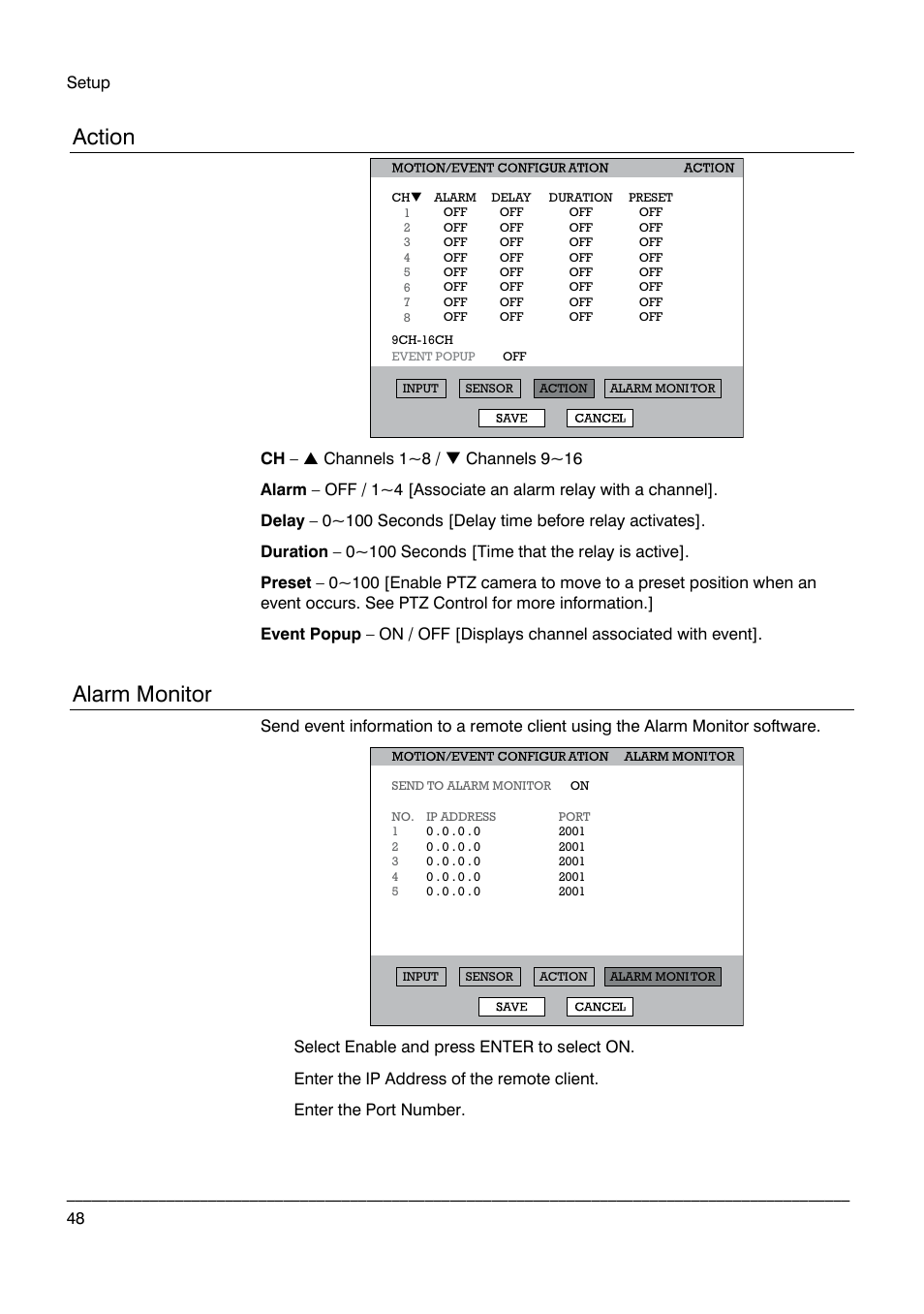 Action, Alarm monitor | Honeywell HRDP DVR User Manual | Page 48 / 100