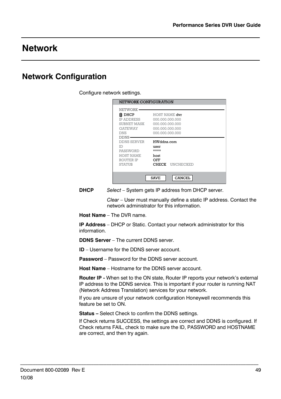Network, Network configuration | Honeywell HRDP DVR User Manual | Page 49 / 100