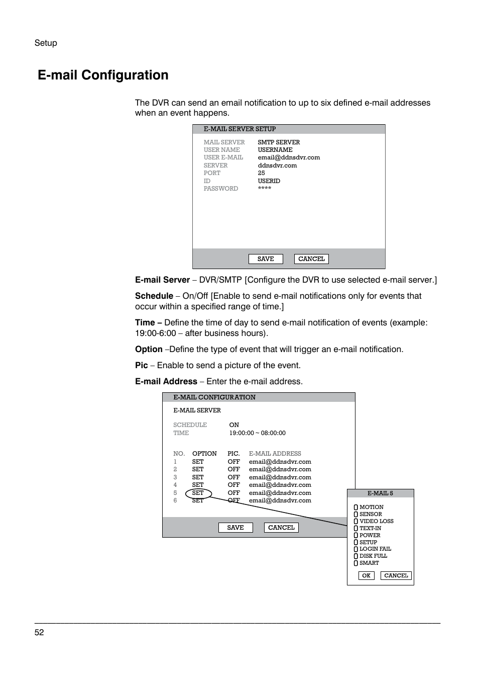 E-mail configuration | Honeywell HRDP DVR User Manual | Page 52 / 100