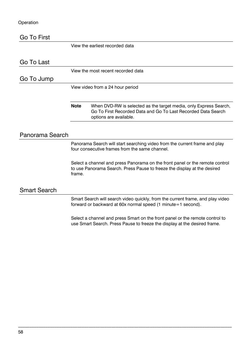 Go to first, Go to last, Go to jump | Panorama search, Smart search | Honeywell HRDP DVR User Manual | Page 58 / 100