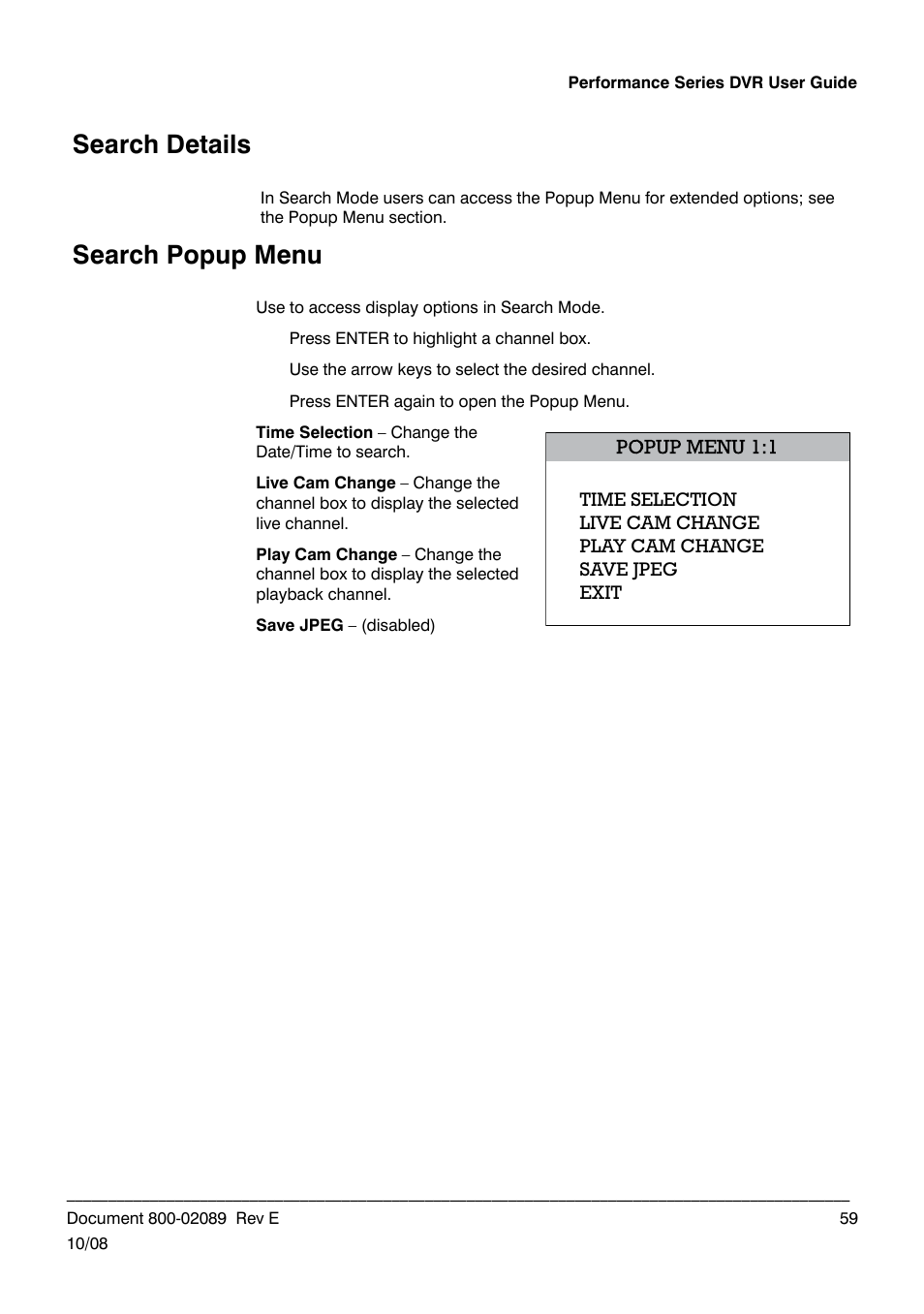 Search details, Search popup menu | Honeywell HRDP DVR User Manual | Page 59 / 100