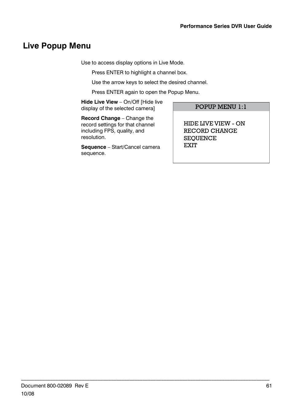 Live popup menu | Honeywell HRDP DVR User Manual | Page 61 / 100