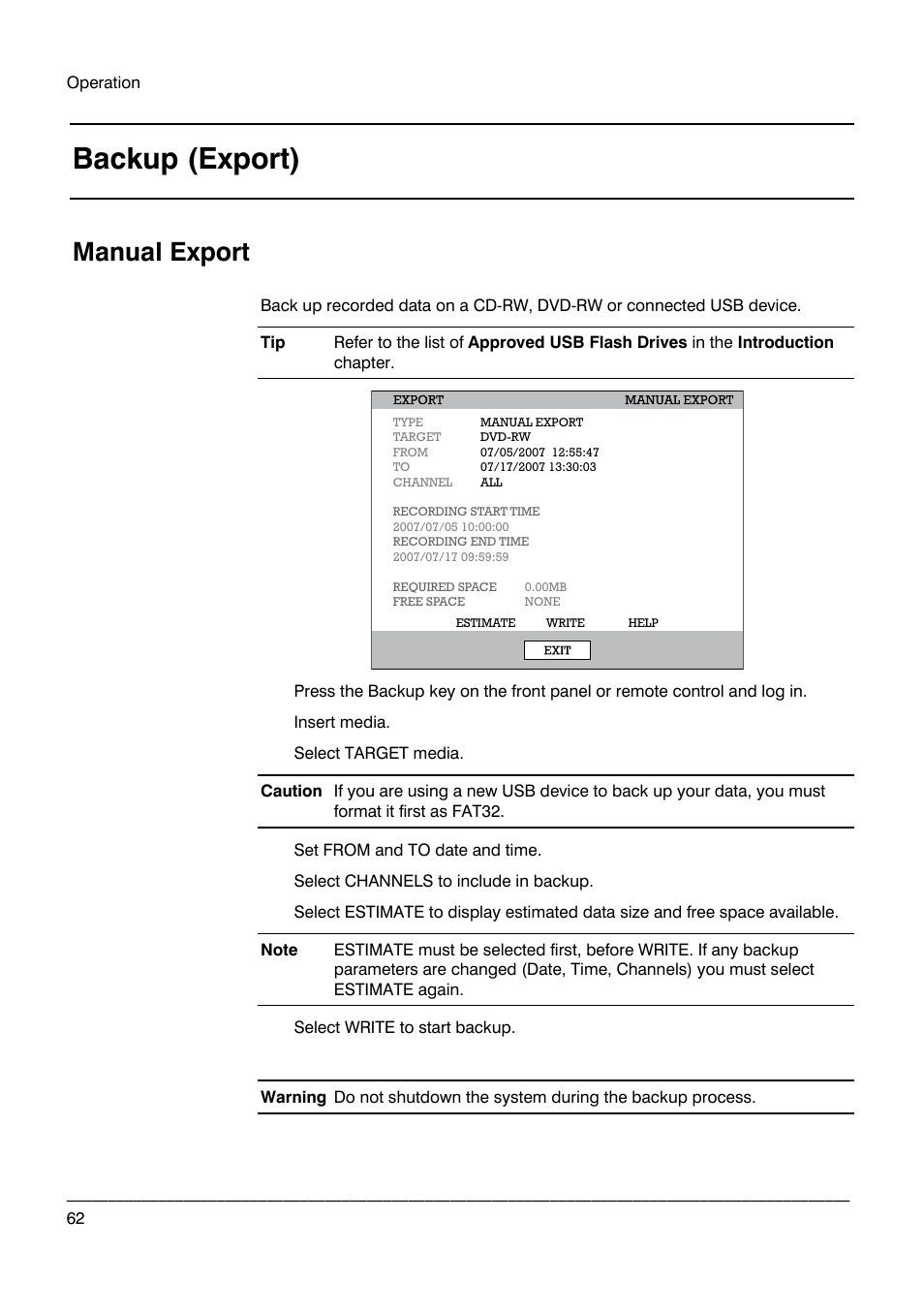 Backup (export), Manual export | Honeywell HRDP DVR User Manual | Page 62 / 100
