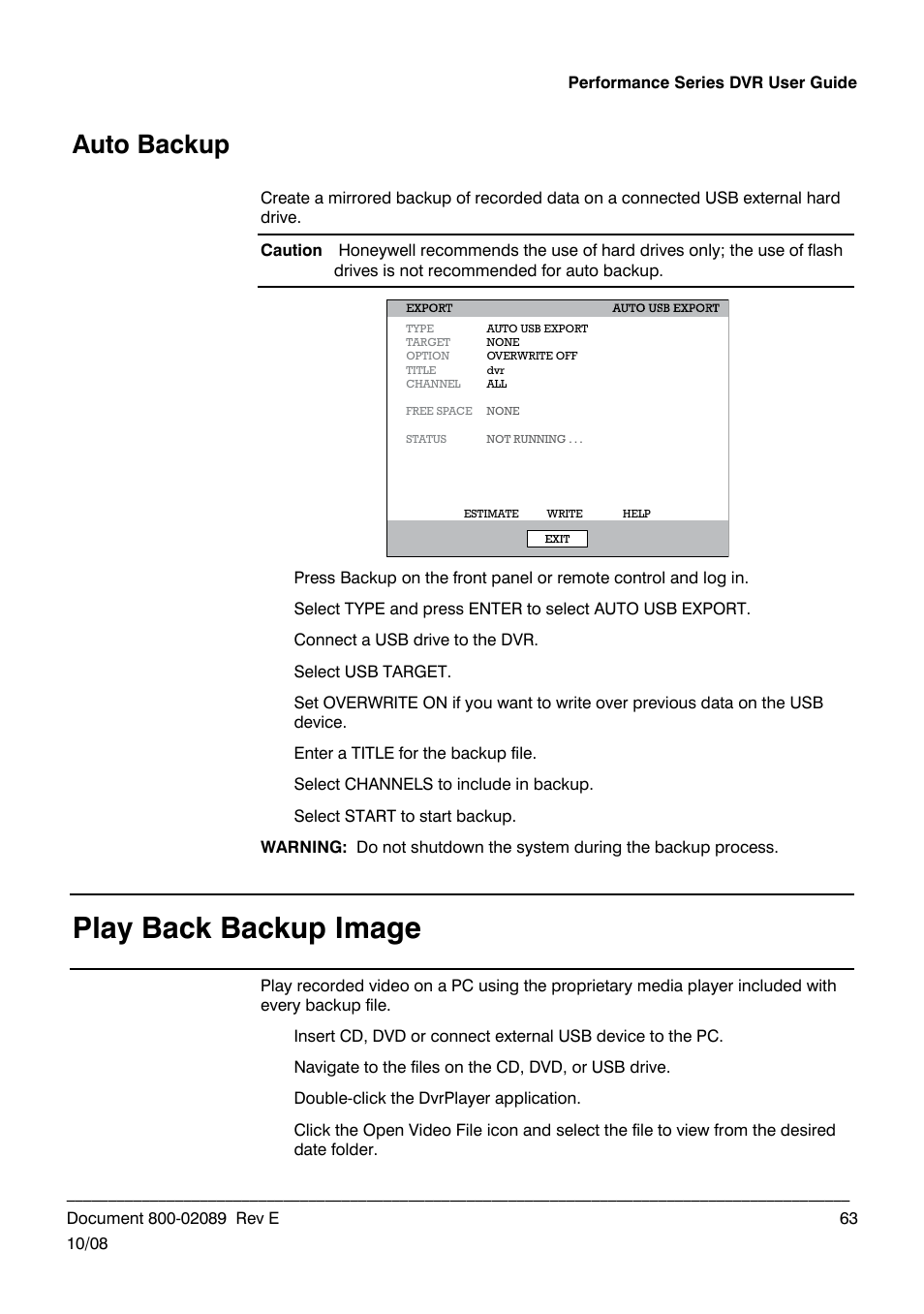 Play back backup image, Auto backup | Honeywell HRDP DVR User Manual | Page 63 / 100