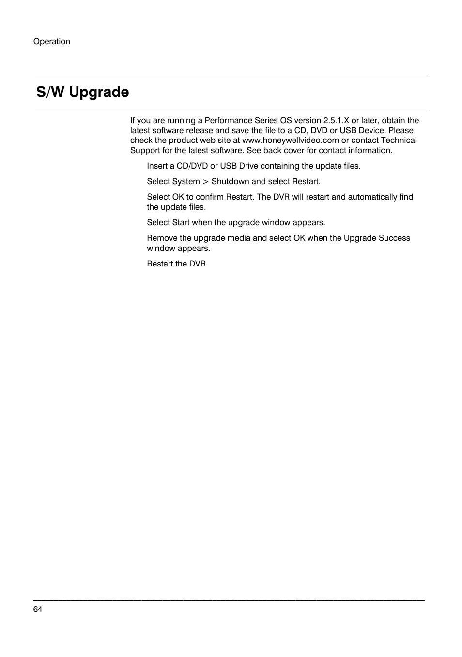 S/w upgrade | Honeywell HRDP DVR User Manual | Page 64 / 100