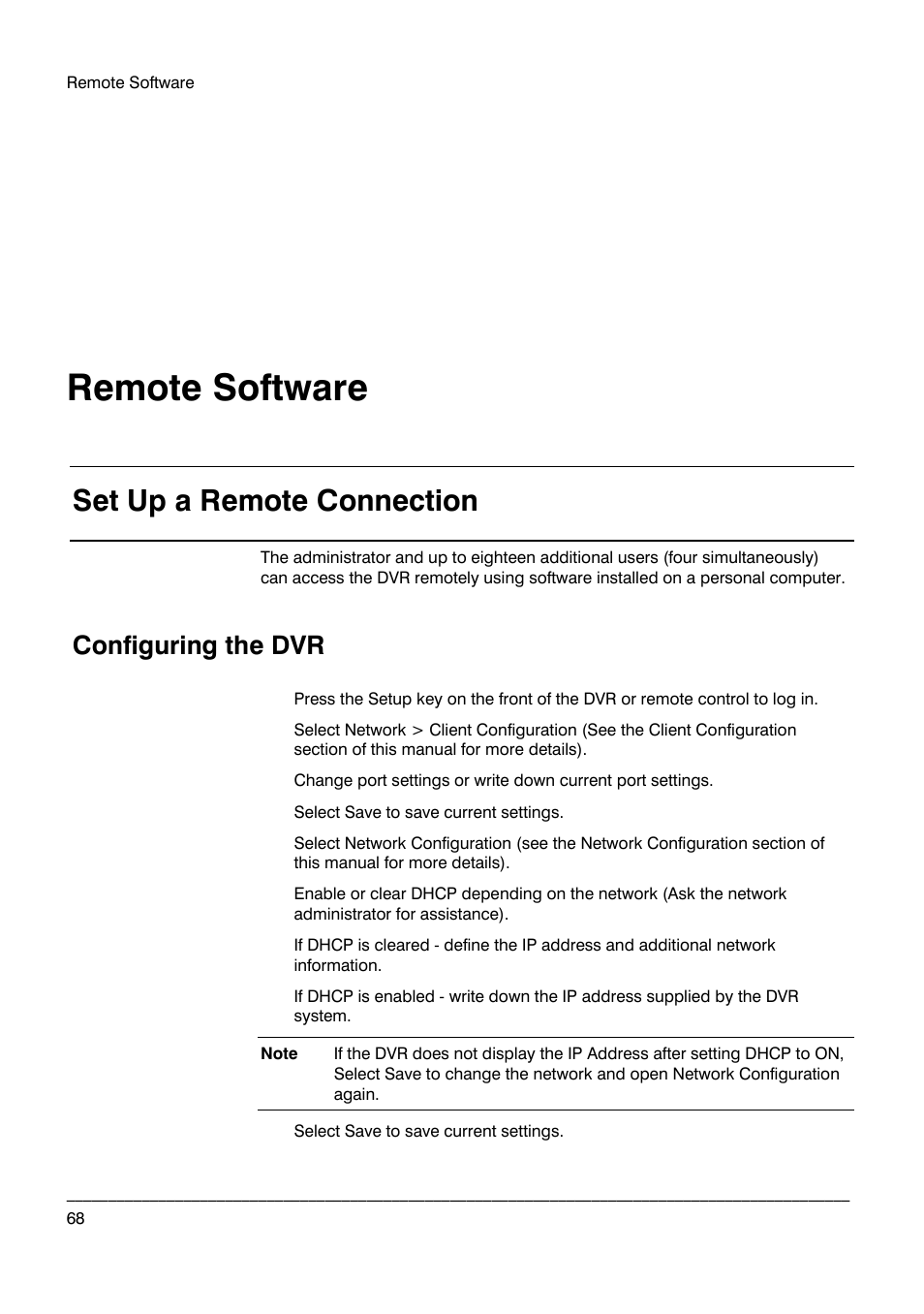 Remote software, Set up a remote connection, Configuring the dvr | Honeywell HRDP DVR User Manual | Page 68 / 100