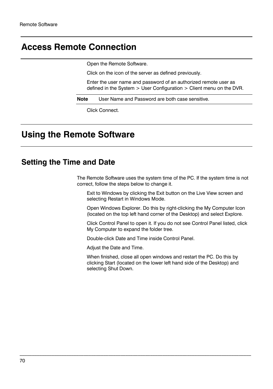 Access remote connection, Using the remote software, Setting the time and date | Honeywell HRDP DVR User Manual | Page 70 / 100