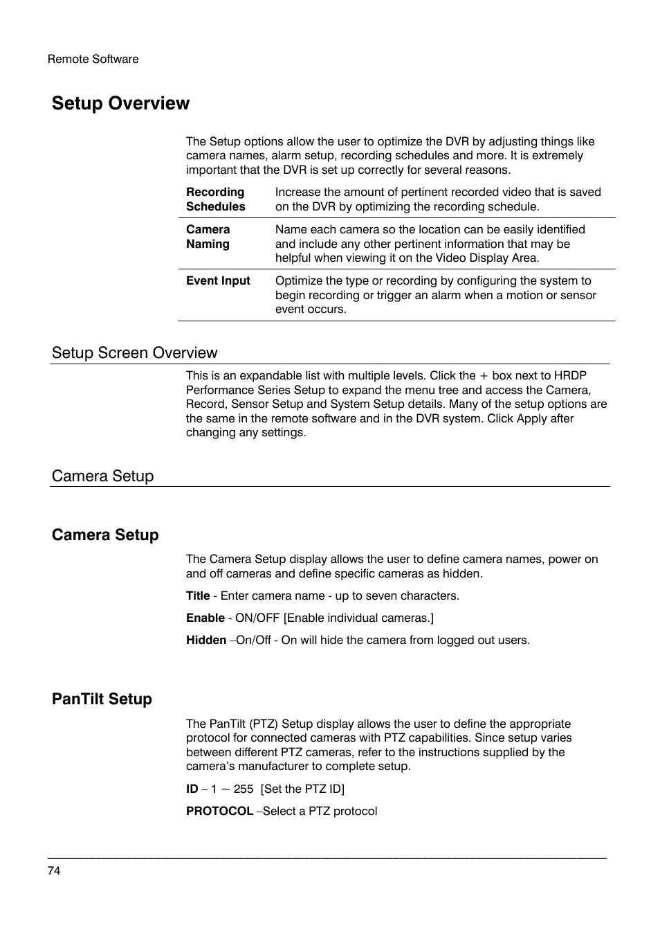 Setup overview, Setup screen overview, Camera setup | Pantilt setup | Honeywell HRDP DVR User Manual | Page 74 / 100