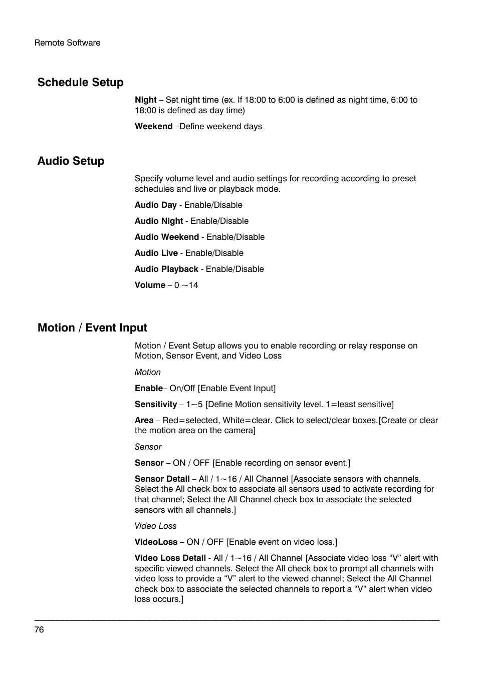 Schedule setup, Audio setup, Motion / event input | Honeywell HRDP DVR User Manual | Page 76 / 100
