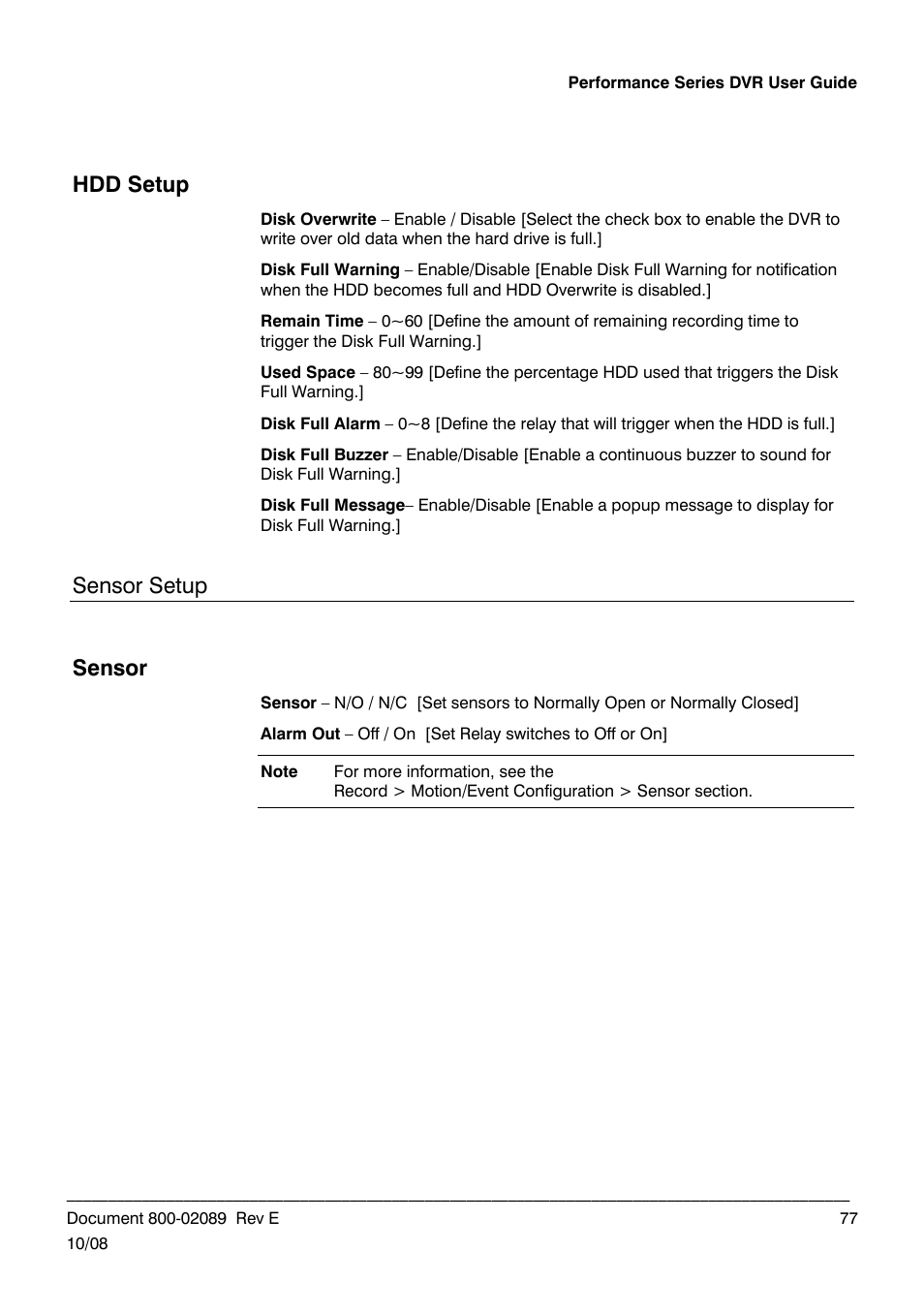 Hdd setup, Sensor setup, Sensor | Honeywell HRDP DVR User Manual | Page 77 / 100