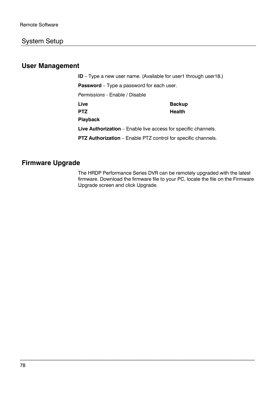 System setup, User management, Firmware upgrade | Honeywell HRDP DVR User Manual | Page 78 / 100