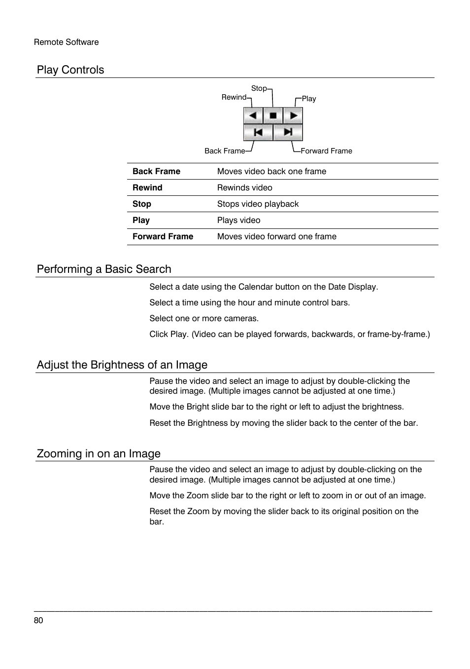 Play controls, Performing a basic search, Adjust the brightness of an image | Zooming in on an image | Honeywell HRDP DVR User Manual | Page 80 / 100