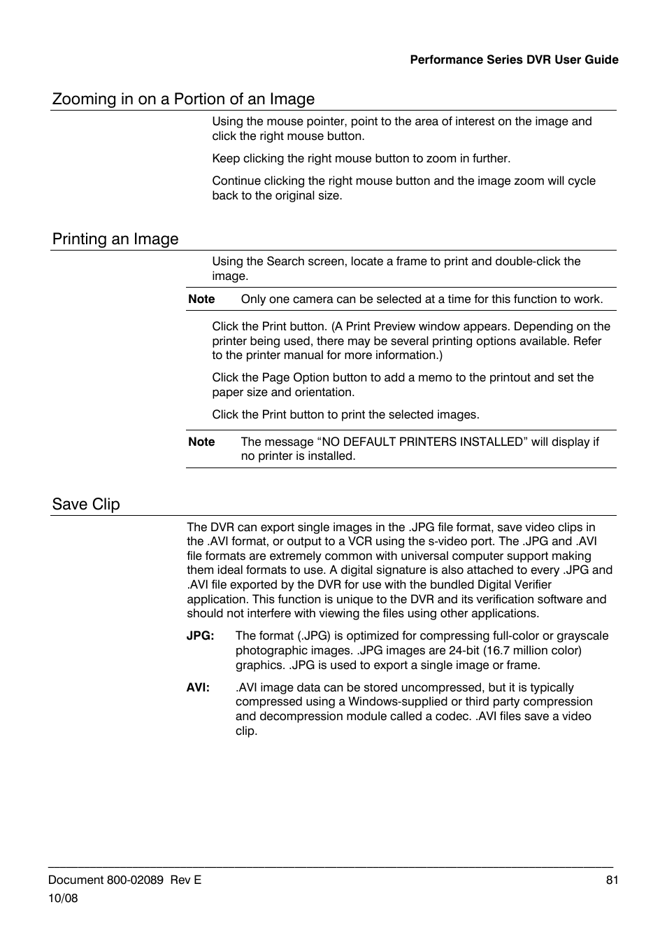 Zooming in on a portion of an image, Printing an image, Save clip | Honeywell HRDP DVR User Manual | Page 81 / 100