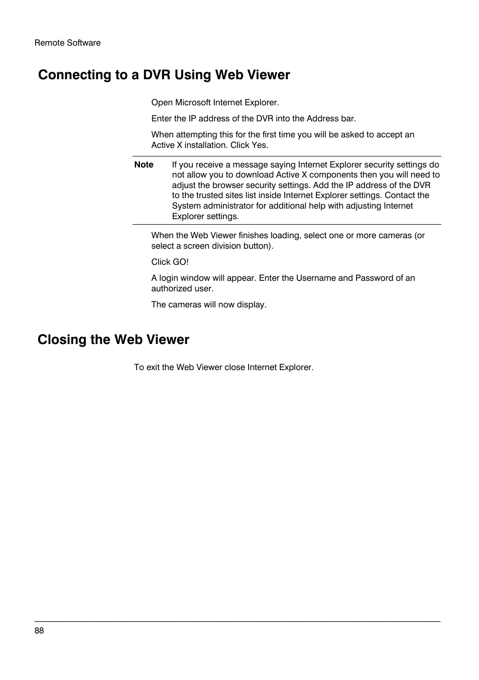 Connecting to a dvr using web viewer, Closing the web viewer | Honeywell HRDP DVR User Manual | Page 88 / 100