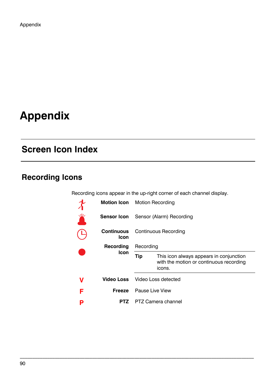 Appendix, Screen icon index, Recording icons | Honeywell HRDP DVR User Manual | Page 90 / 100