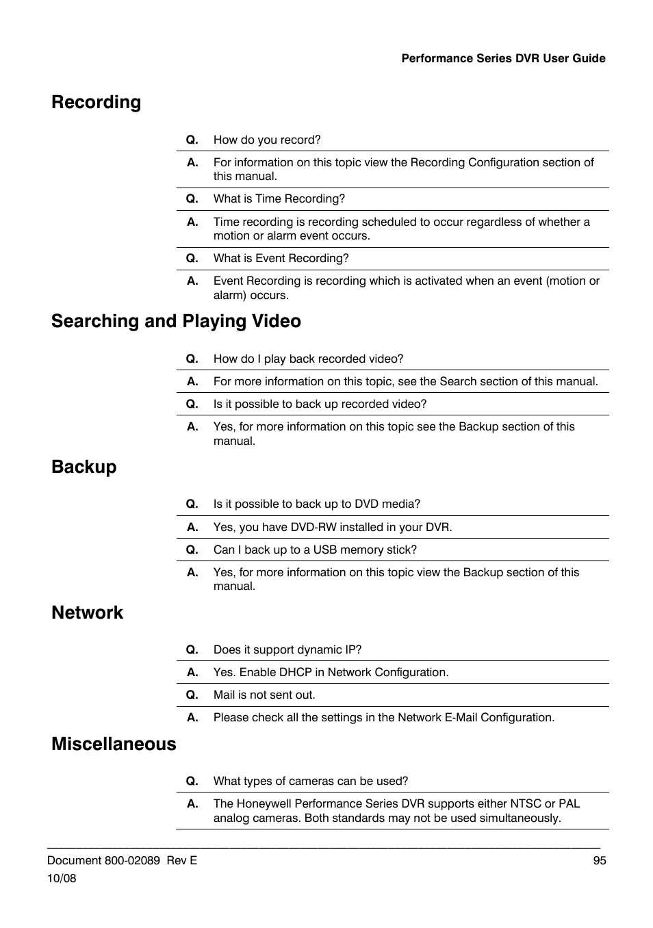 Recording, Searching and playing video, Backup | Network, Miscellaneous | Honeywell HRDP DVR User Manual | Page 95 / 100