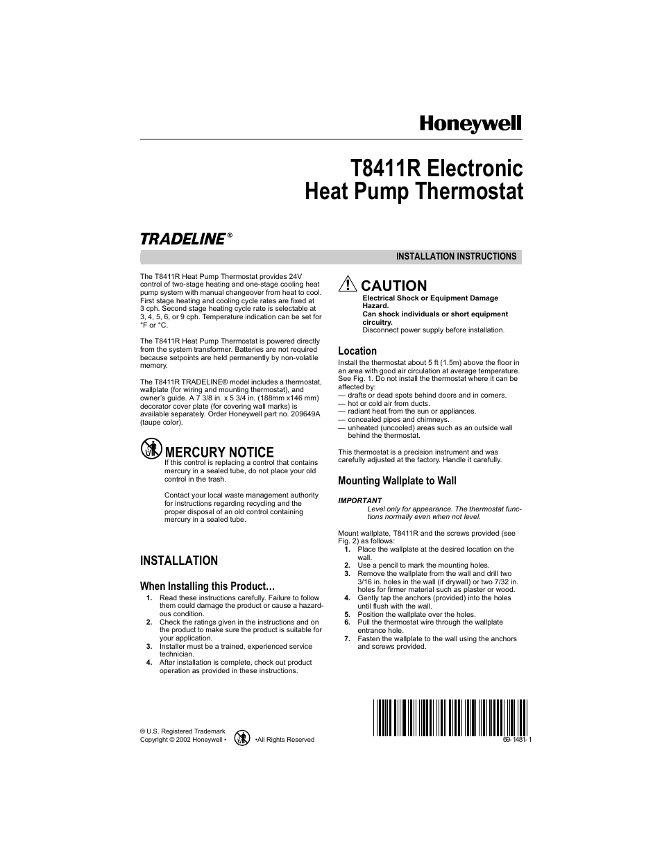 Honeywell HEAT PUMP THERMOSTAT T8411R User Manual | 6 pages
