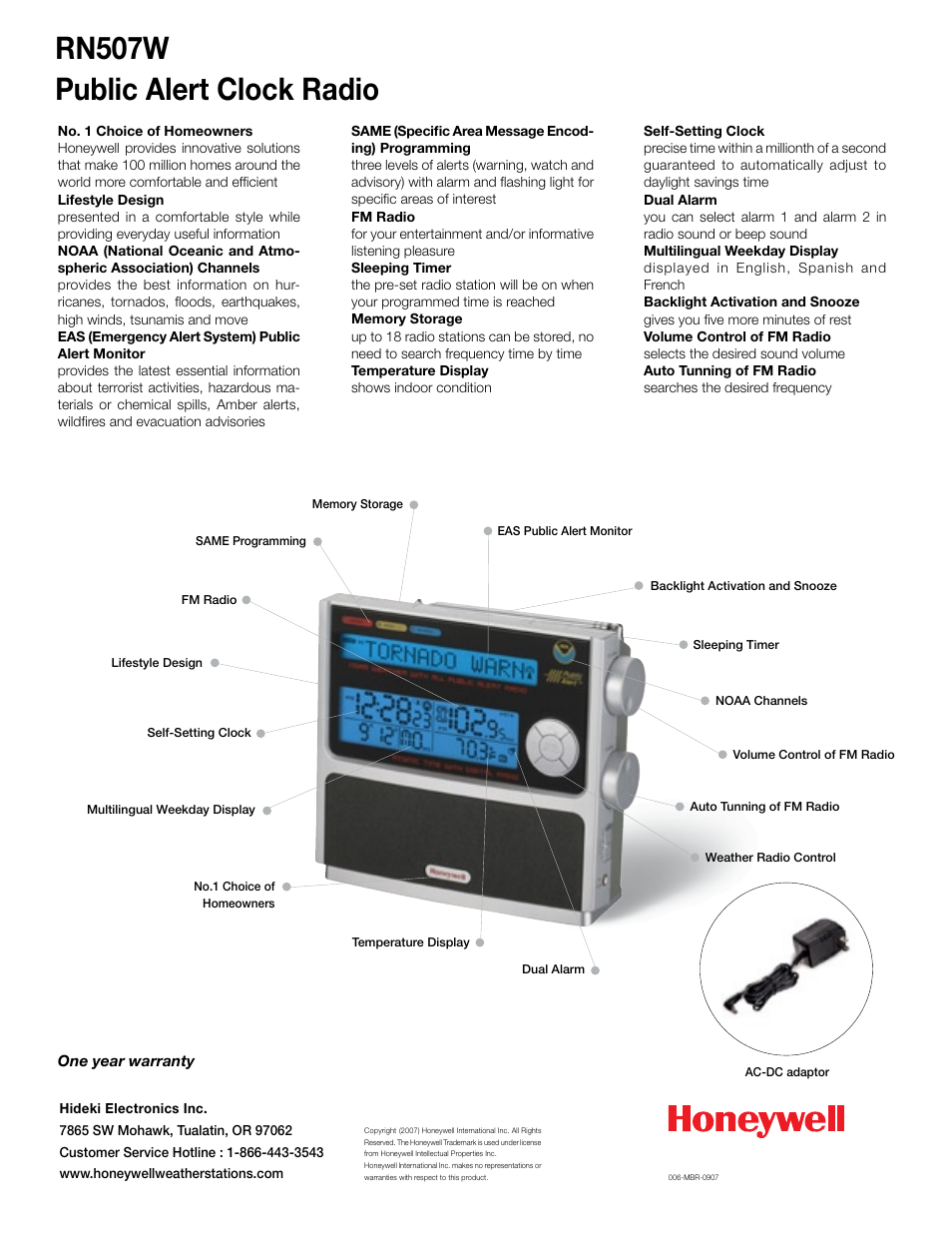 Rn507w public alert clock radio | Honeywell RN507W User Manual | Page 2 / 2