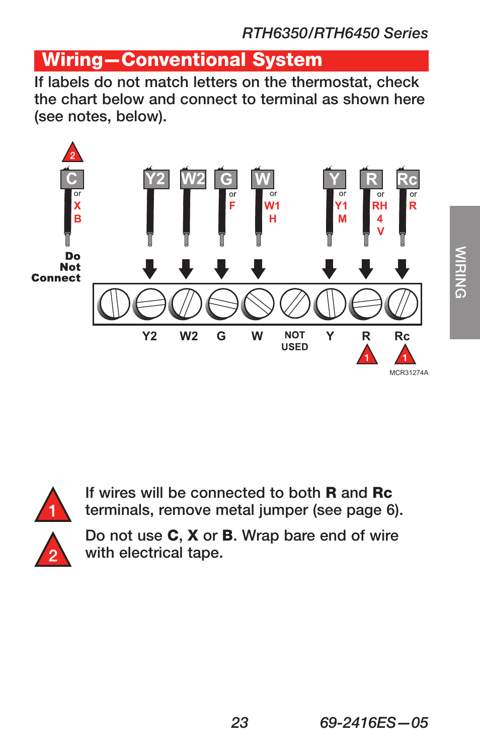 Wiring—conventional system, Y2 c, Ry w g rc | Honeywell RTH6350 User Manual | Page 25 / 64