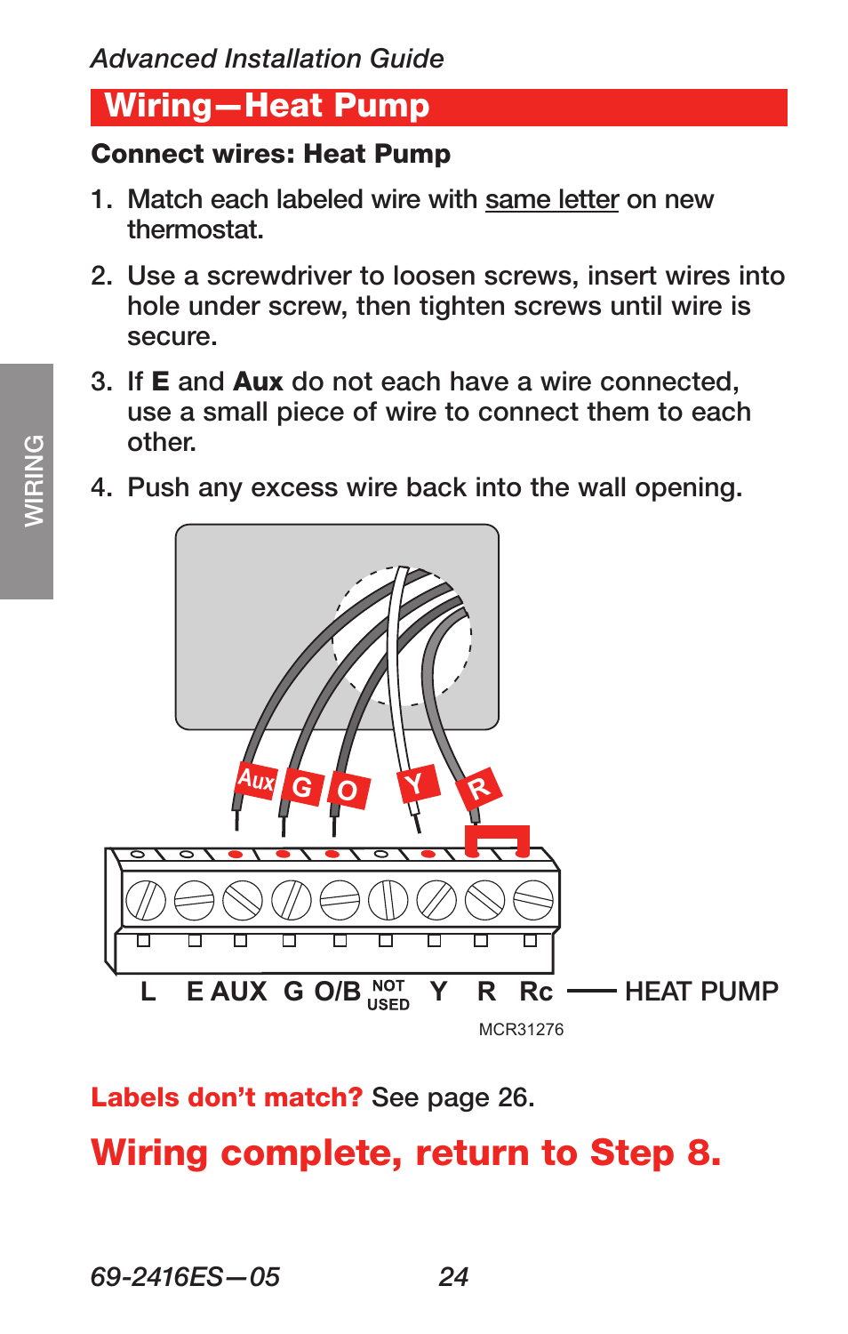 Wiring complete, return to step 8, About your new thermostat, Wiring—heat pump | Honeywell RTH6350 User Manual | Page 26 / 64