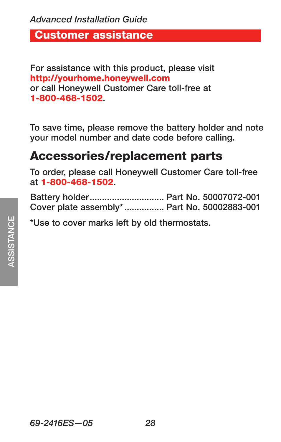 Accessories/replacement parts, Customer assistance | Honeywell RTH6350 User Manual | Page 30 / 64