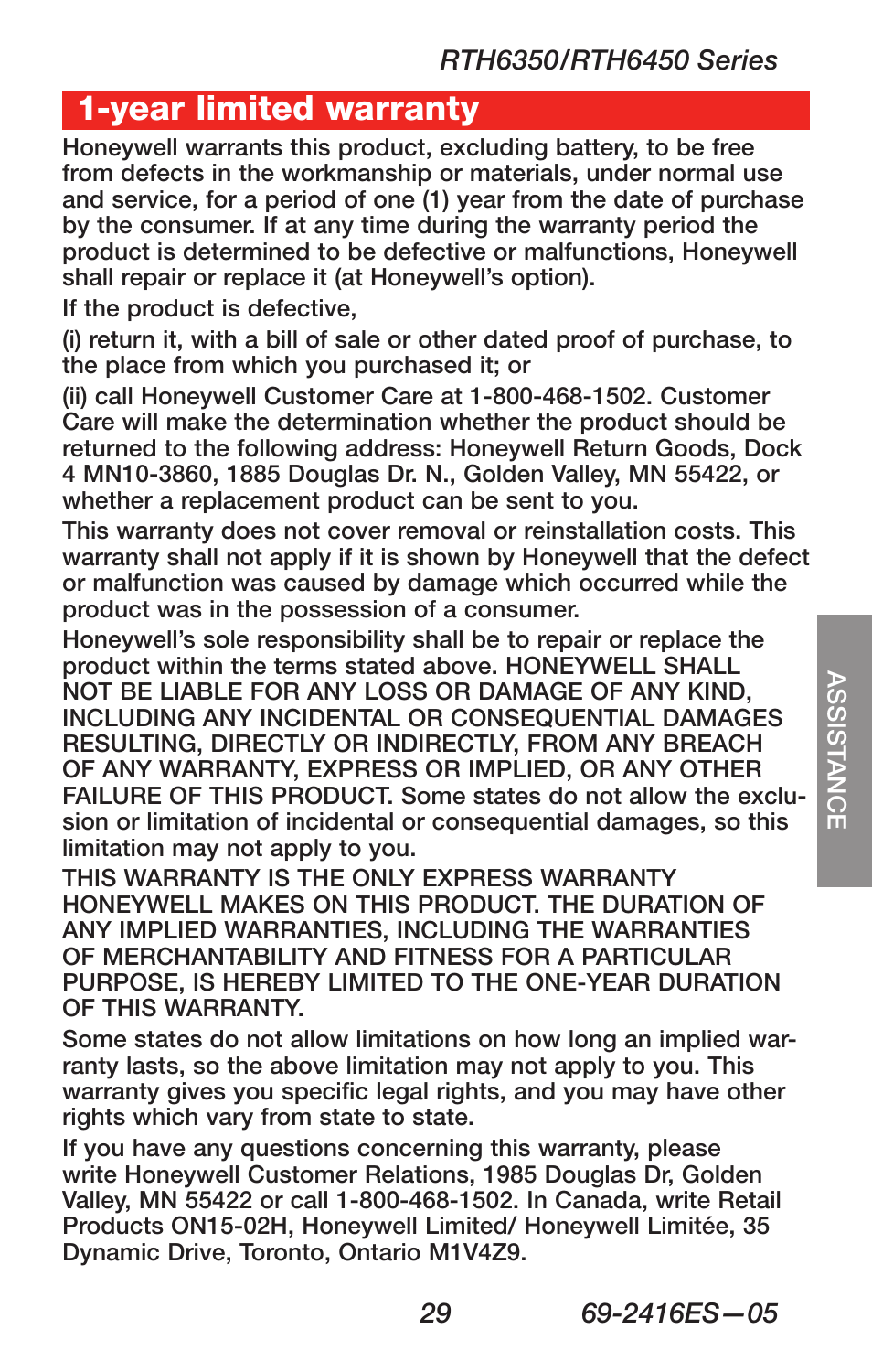 About your new thermostat, Year limited warranty | Honeywell RTH6350 User Manual | Page 31 / 64