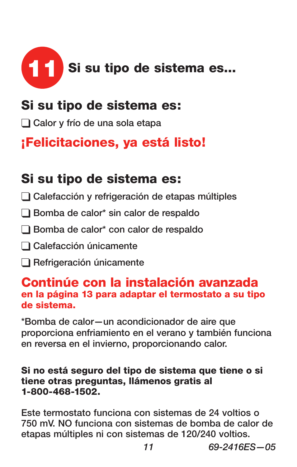 Si su tipo de sistema es, Continúe con la instalación avanzada | Honeywell RTH6350 User Manual | Page 45 / 64