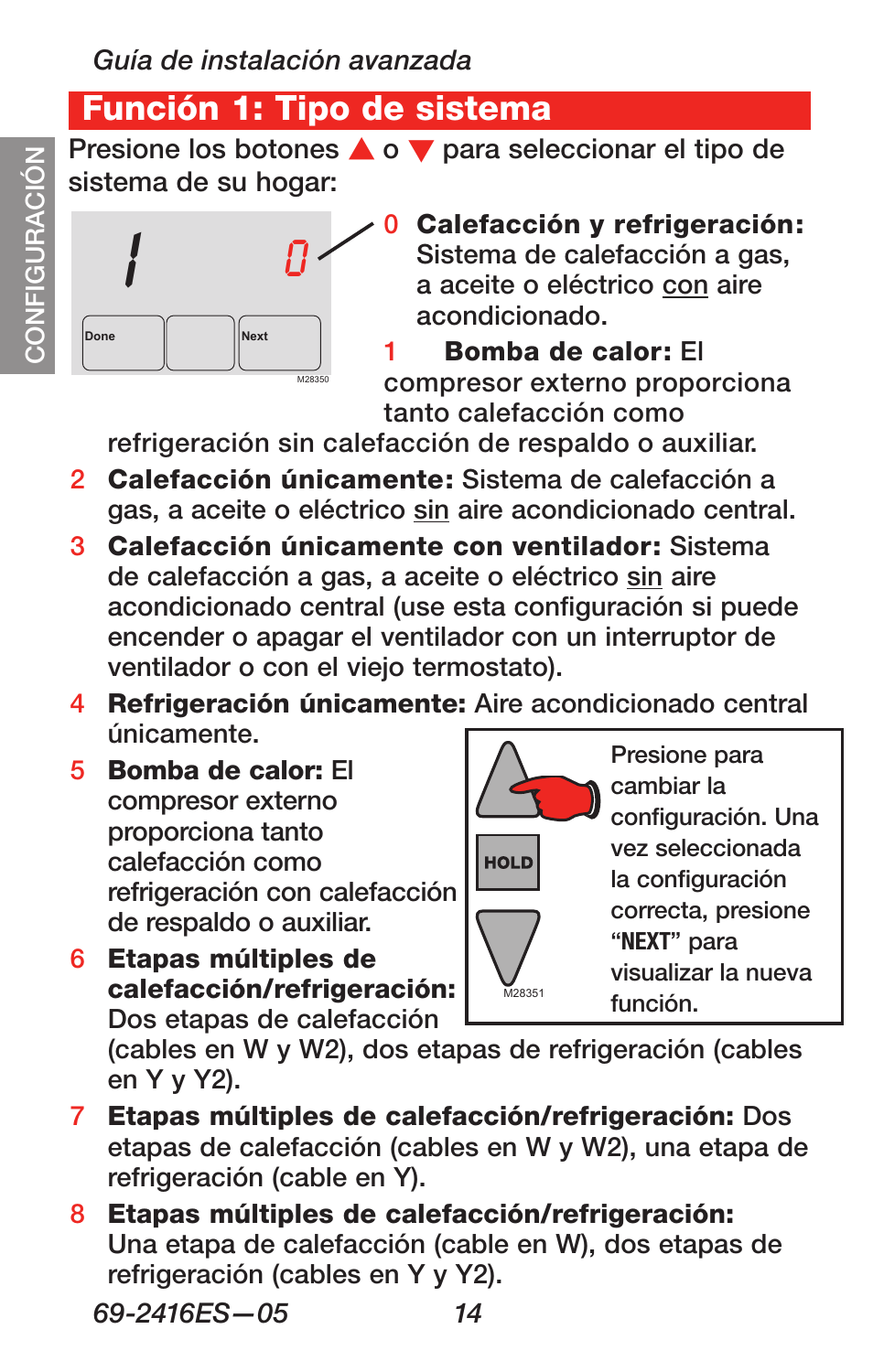 About your new thermostat, Función 1: tipo de sistema | Honeywell RTH6350 User Manual | Page 48 / 64