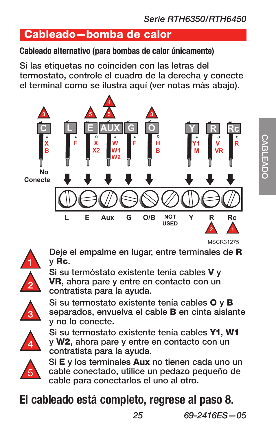 El cableado está completo, regrese al paso 8, About your new thermostat, Cableado—bomba de calor | Lo g, Ry rc | Honeywell RTH6350 User Manual | Page 59 / 64