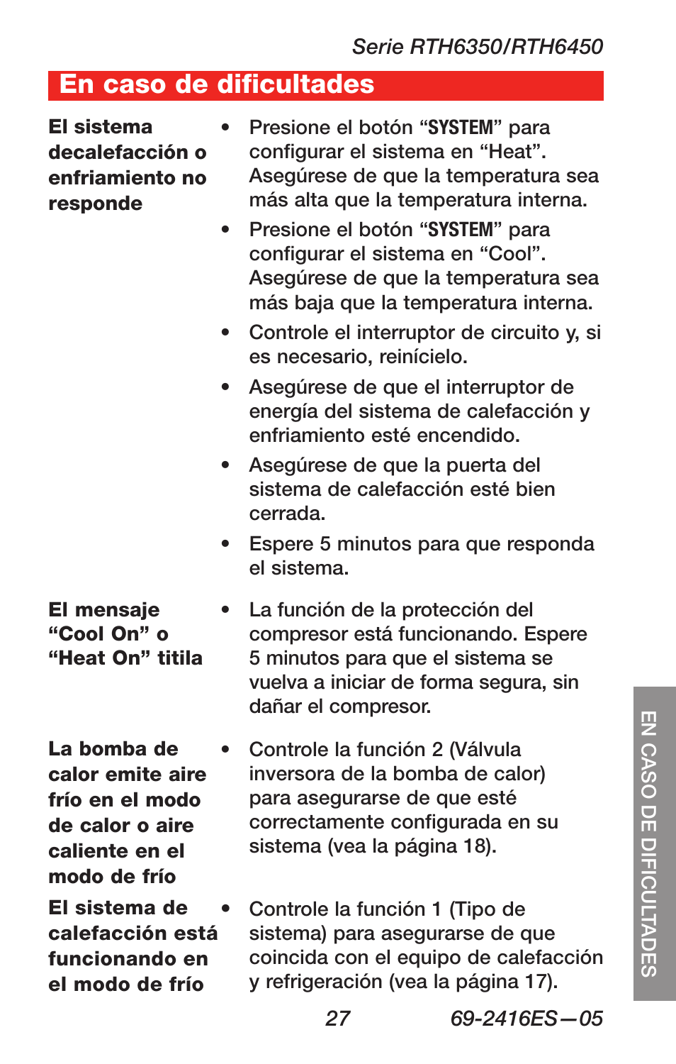 Dépannage, En caso de dificultades | Honeywell RTH6350 User Manual | Page 61 / 64