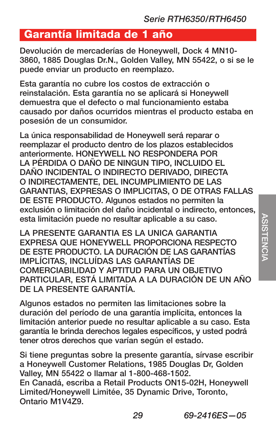 About your new thermostat, Garantía limitada de 1 año | Honeywell RTH6350 User Manual | Page 63 / 64