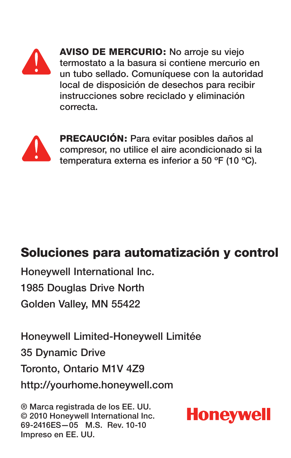 Soluciones para automatización y control | Honeywell RTH6350 User Manual | Page 64 / 64