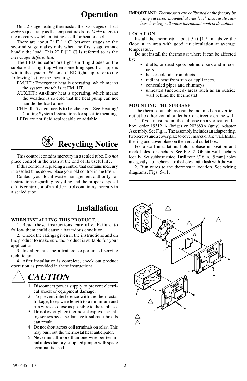 Caution, Recycling notice, Installation | Operation | Honeywell Q674F User Manual | Page 2 / 12