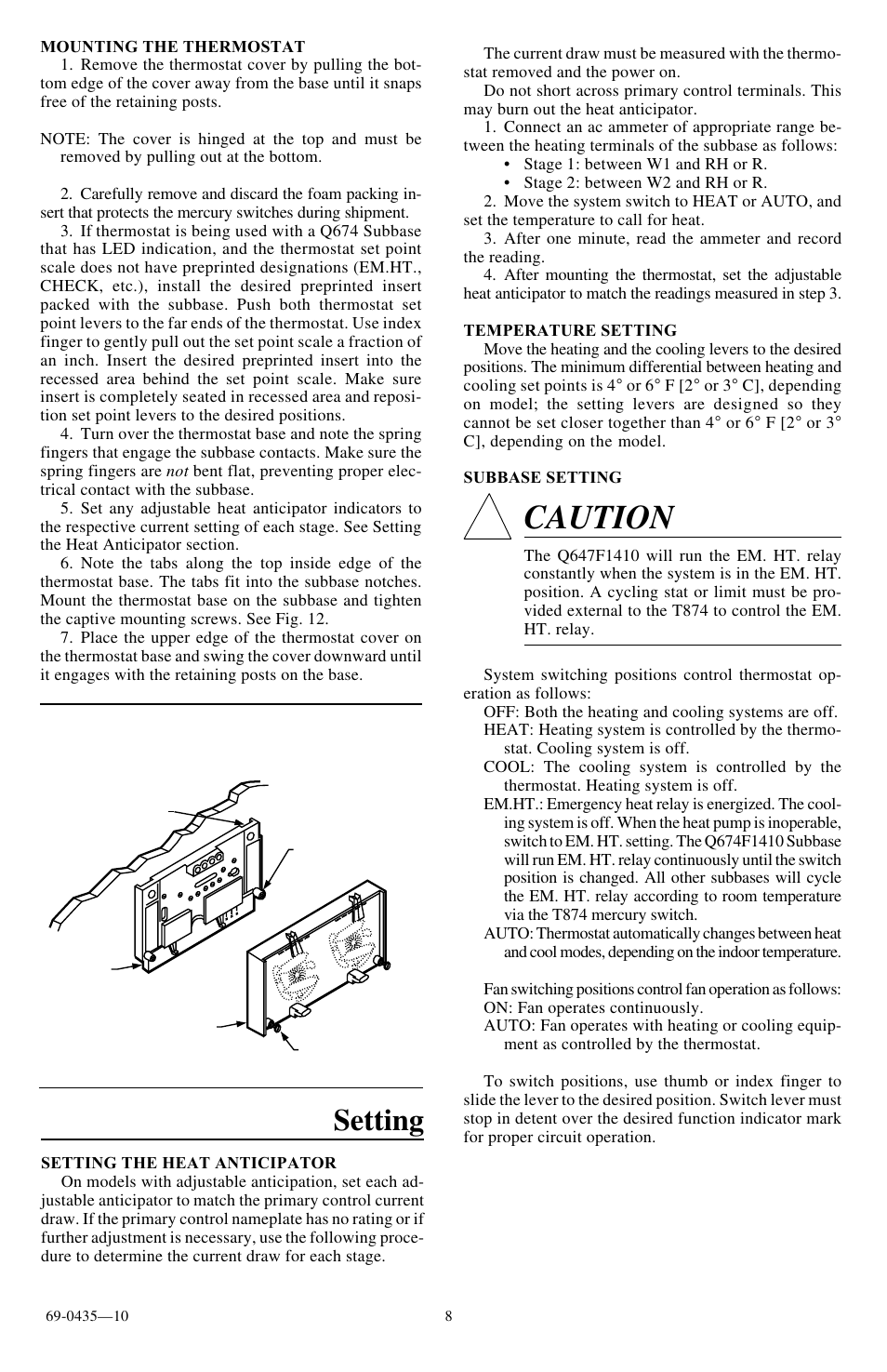 Caution, Setting | Honeywell Q674F User Manual | Page 8 / 12