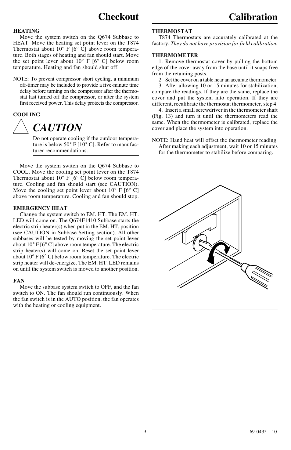 Caution, Checkout, Calibration | Honeywell Q674F User Manual | Page 9 / 12