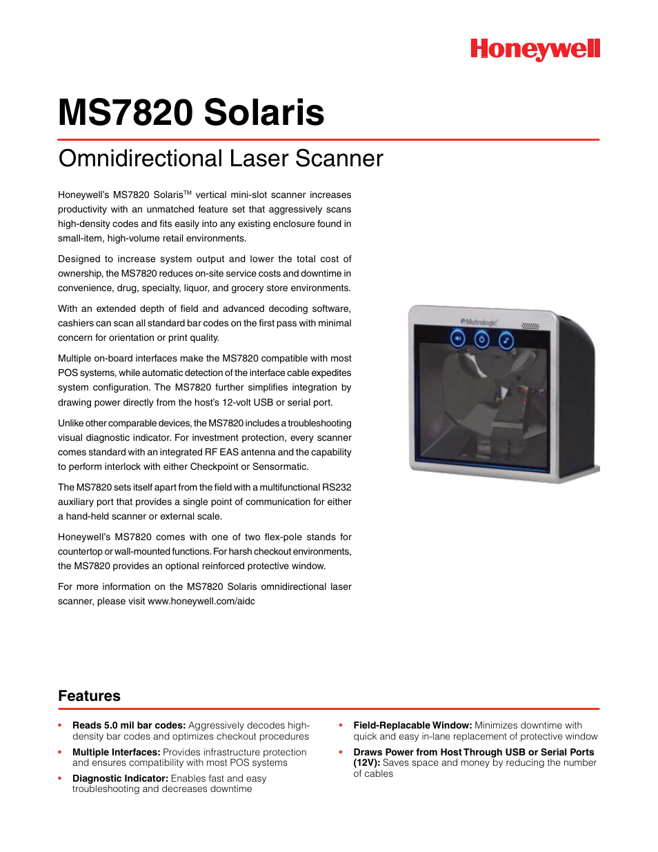 Honeywell Solaris MS7820 User Manual | 2 pages